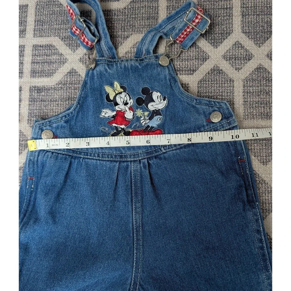 VTG 90s Disney Mickey Minnie Mouse Denim Overalls Gingham Floral Embroidery - Picture 9 of 11